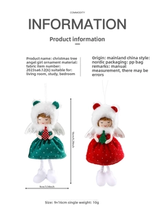 Detail view of plush angel girl Christmas tree pendants with size and cloth material specs