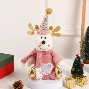 Pink and white reindeer plush Christmas gift bag with golden horns for holiday decor