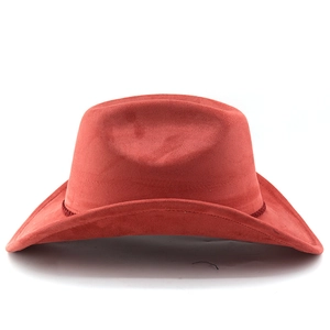 Detail of red faux suede cowboy hat showing the woven rope band and wide brim design