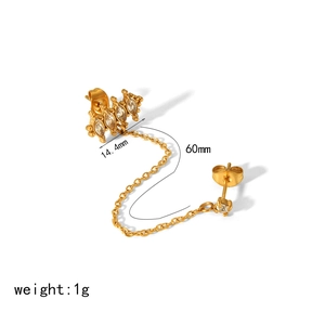 Detailed view of 18k gold flower earrings with marquise zircon stones and fine chain links