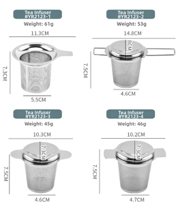 Detailed dimensions and weight comparison for four stainless steel tea infuser models