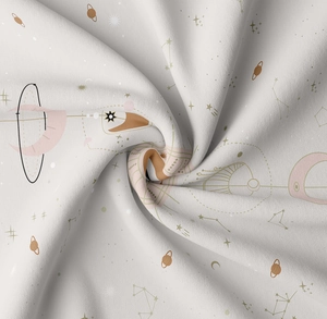 Detail showing the soft fabric texture and solar system print of the wall tapestry