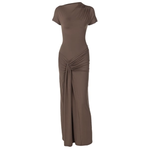 Coffee brown slim-fit midi dress with ruched short sleeves and asymmetric neckline
