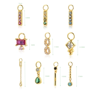 Macro shot of colorful zircon earring charms with S925 silver stamp and size measurements