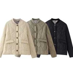 Quilted button-up jackets in beige, olive, and black with leopard print lining details
