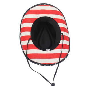 Detailed top view of American flag cowboy hat showing stripe texture and inner lining