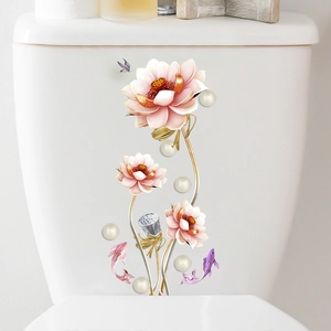 Adesivo 3D con loto rosa e pesci su serbatoio WC in ceramica bianca