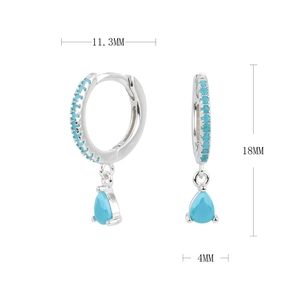 Detailed view of silver hoop earrings with light blue teardrop crystals and dimensions