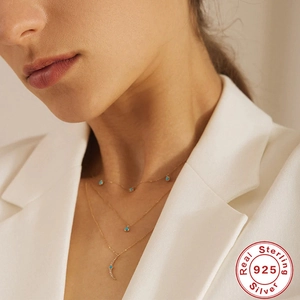 Three-layer 925 sterling silver gold necklace with turquoise and diamond moon pendant