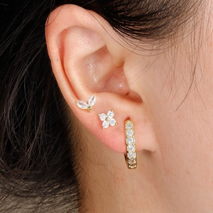 Elegant gold S925 silver needle earring set featuring zircon petals and small hoops