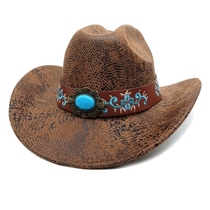 Western Cowboy Hat Polyester Wide Brim Sun Protection Leather Band Turquoise Retro Bohemian Style Men Women