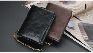 Vertical vintage men's wallet in black and brown PU leather with metal chain details