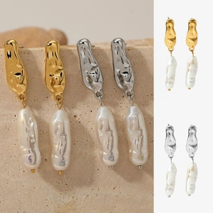 Stainless Steel Artificial Baroque Pearl Dangle Earrings Irregular Molten Metal Long Drop Elegant Geometric Jewelry Women