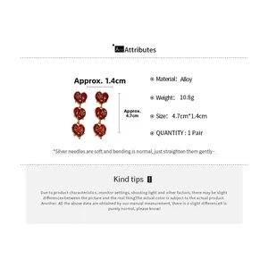 Detailed size and material info for red heart rose earrings made of alloy metal