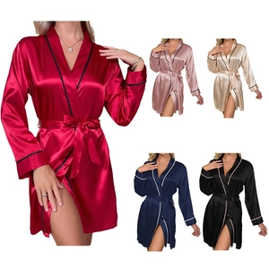 Women Satin Robe Imitation Satin Long Sleeve Bathrobe Sleepwear With Contrast Piping And Waist Belt Simple Lounge Wear