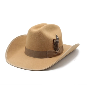 Classic khaki felt western cowboy hat with brown ribbon and feather decoration
