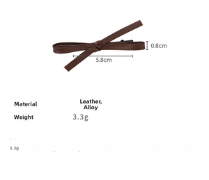 Detailed view of coffee leather bow hair clip with alloy base showing 5.8cm size dimensions