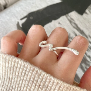Minimalist Irregular Wave Ring 925 Sterling Silver Liquid Metal Style Exaggerated Statement Jewelry Adjustable For Women