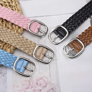 Women Woven Belt PU Leather Braided Waist Strap Shiny Candy Color With Alloy Pin Buckle For Dress Ladies