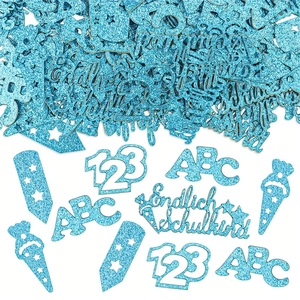 Blue glitter confetti set with school motifs and Endlich Schulkind lettering
