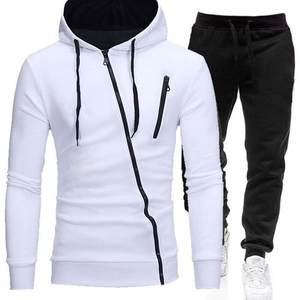 Men's casual sports tracksuit with white asymmetrical zip hoodie and black joggers