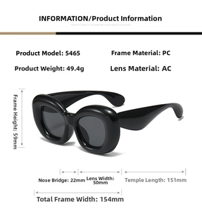 Detailed size specifications for black chunky bubble-style sunglasses showing dimensions