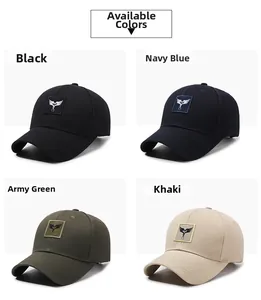 Classic baseball caps in black, navy, army green, and khaki with square logo patches