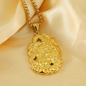18K gold plated stainless steel dragon pendant necklace on champagne silk background