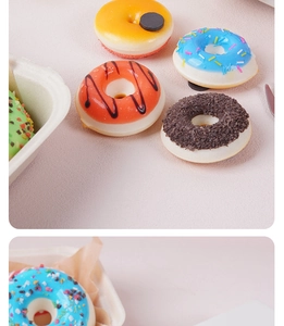 Macro detail of artificial donuts showing realistic textures and colorful sugar sprinkles