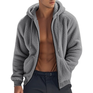 Detailed view of dark grey hoodie jacket showing thick fleece texture and front zipper