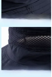 Detail of sun hat showing breathable mesh fabric and durable metal buckle for outdoors