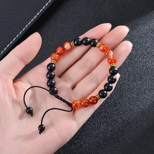 8mm Armband aus mattschwarzen Steinen und Amethyst mit verstellbarem Webband