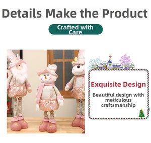 Detailed close-up of plush pink reindeer and snowman dolls with knitted fabrics