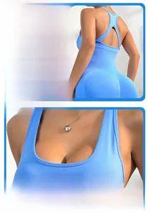 Detail of sky blue ribbed yoga bodysuit featuring a wide racerback and breathable fabric