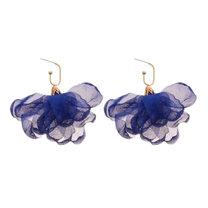 Elegant large navy blue chiffon flower drop earrings with gold hooks for women