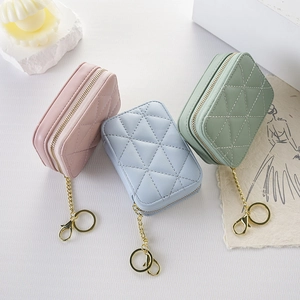 Mini Lipstick Bag Quilted PU Leather Portable Makeup Case With Mirror And Keychain Hook Storage Case For Women