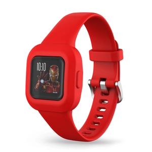 Detailansicht des roten Silikonarmbands mit Iron Man Zifferblatt für GarminFit JR3
