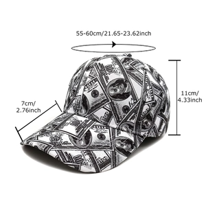 Fashionable dollar bill print baseball cap with adjustable strap and size specifications