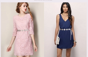 Silver metal waist chain with hollow circle charms shown on pink and blue dresses
