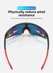 Cycling sunglasses detail showing aerodynamic frame design and wind reduction features