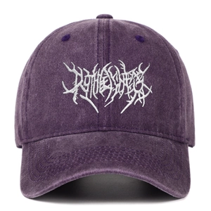 Close-up of deep purple washed cotton baseball cap with white gothic letter embroidery