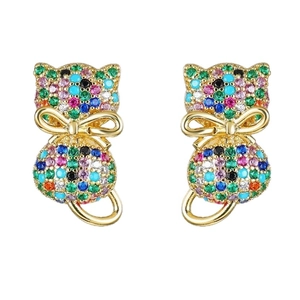 Cute S925 silver cat earrings with colorful micro-pave cubic zirconia and golden bow