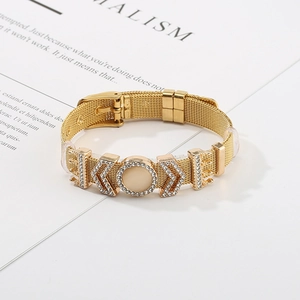 Adjustable golden mesh watch-band style bracelet with sparkling round rhinestones