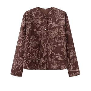 Brown quilted jacket for women with floral print and button-down front design