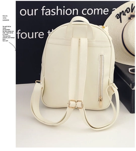 Rear view of white PU leather backpack with adjustable straps and vertical zipper pocket