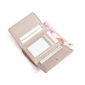 Women's minimalist bifold wallet with multiple card slots and secure zipper pocket