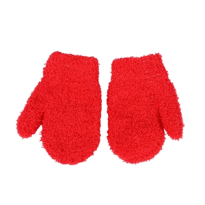 Soft red coral fleece mittens for kids, warm winter thermal gloves with fuzzy texture