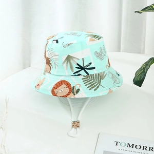 Kids mint green sun hat with cartoon animal prints and adjustable chin strap