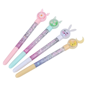 Set of four creative liquid glitter pens with cartoon caps in soft pastel colors