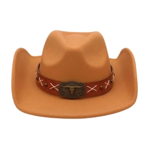 Detail of khaki felt cowboy hat featuring leather band and bronze bull head emblem